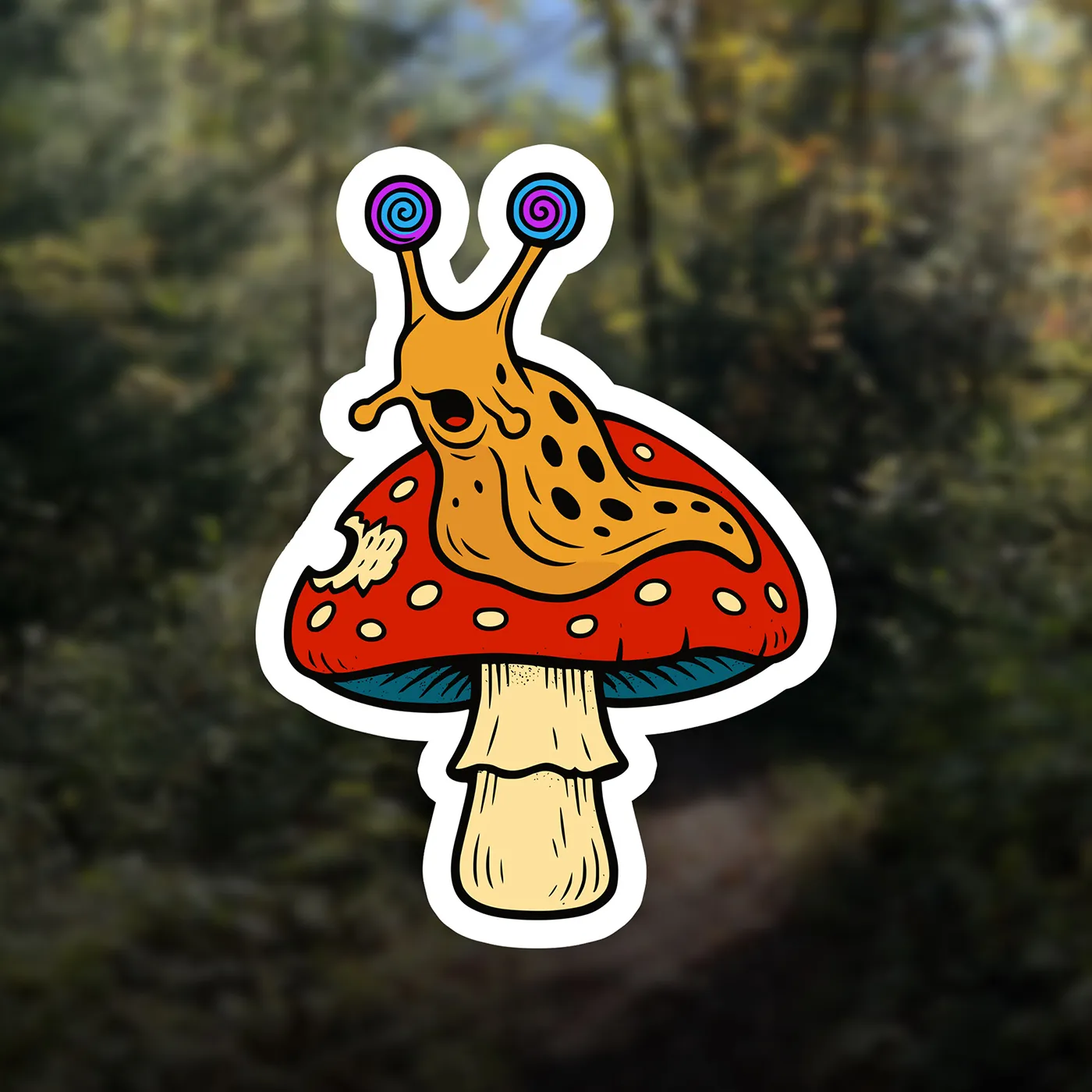 Cartoon banana slug named Slugworth taking a bite from a red amanita mushroom, bright colors on a forest-floor background.